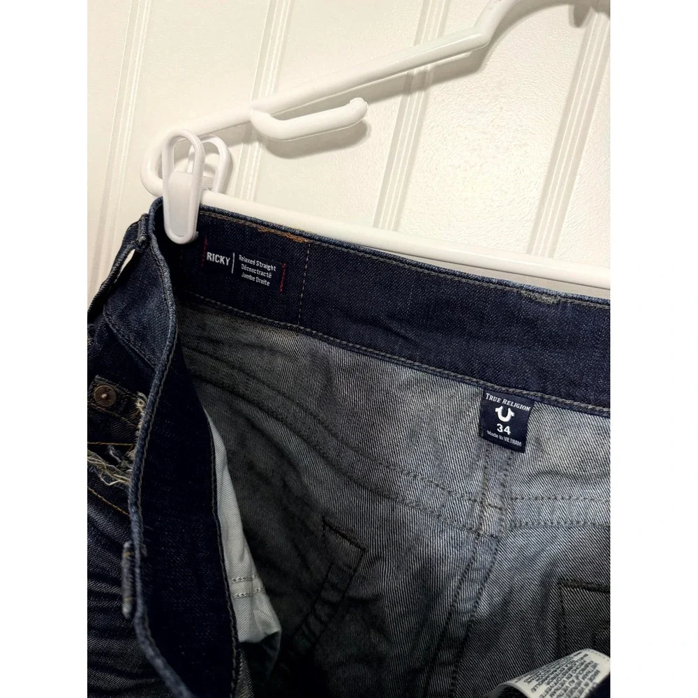 True Religion Jeans Mens 34 Ricky Relaxed Straight Distressed Dark Wash EUC